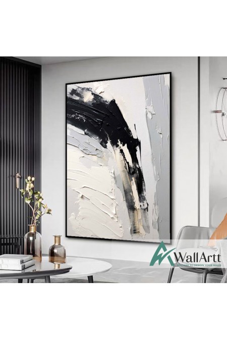 Abstract Black on White 3d Heavy Textured Partial Oil Painting